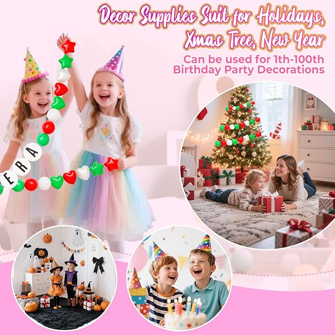 137Pcs DIY Giant Friendship Bracelet in My Birthday Era Banner Birthday Banner Famous Singer Customizable Garland Decor Foam Circles Ball Plastic Balls DIY Supplies(Red Green Pearl White)