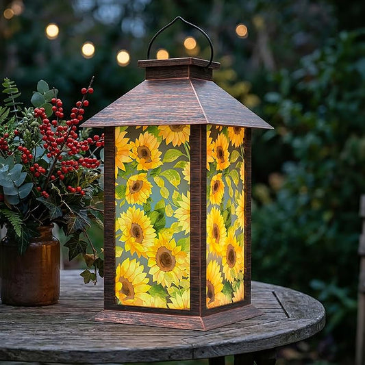 Sunflower Solar Lanterns Outdoor Waterproof, Decorative Solar Lantern with Flickering LED Candle, 13 Inch Hanging Garden Lantern for Porch Patio Yard Decor, Gifts for Women Mom Grandma, 1 Pack