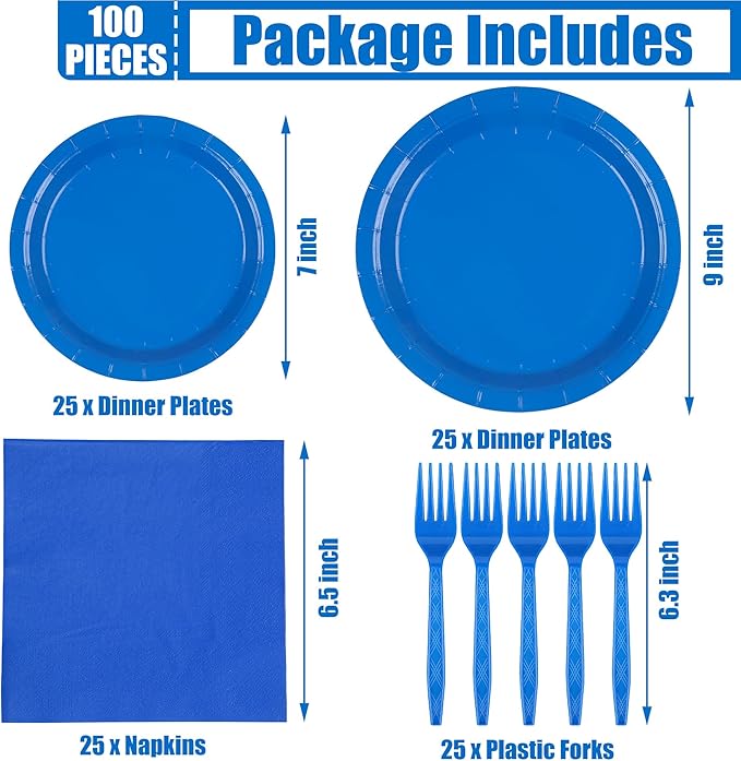 100 Count Blue Paper Plates, Napkins, and Forks - Disposable Party Tableware Set for Wedding, Birthday, Bridal Shower, Baby Shower - Serves 25