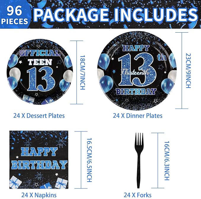 96 PCS 13th Birthday Decorations for Boys 350 GSM Official Teen 13th Birthday Plates and Napkins Disposable Blue and Black Tableware Set for Kids Teenager 13 year old Birthday Party Supplies Serves 24