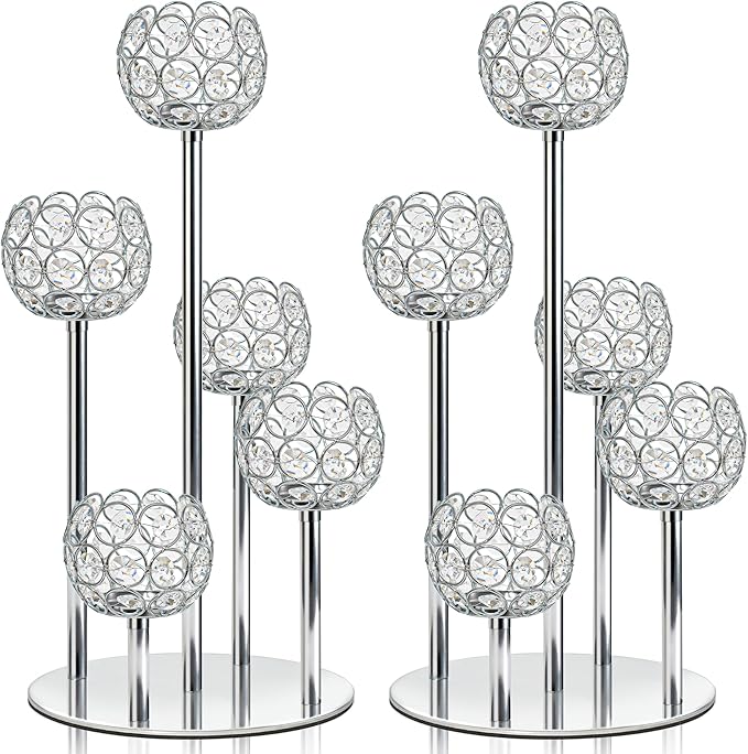5-Arm Crystal Tealight Candelabra Centerpiece, 14.8 Inch Metal Candle Holder for Table Decor, Wedding, Christmas, Party, Anniversary & Home Decoration (2, Silver, S-14.8 in)
