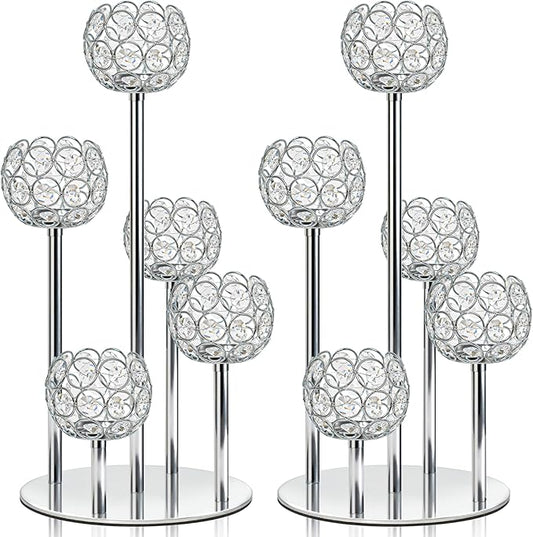 5-Arm Crystal Tealight Candelabra Centerpiece, 14.8 Inch Metal Candle Holder for Table Decor, Wedding, Christmas, Party, Anniversary & Home Decoration (2, Silver, S-14.8 in)