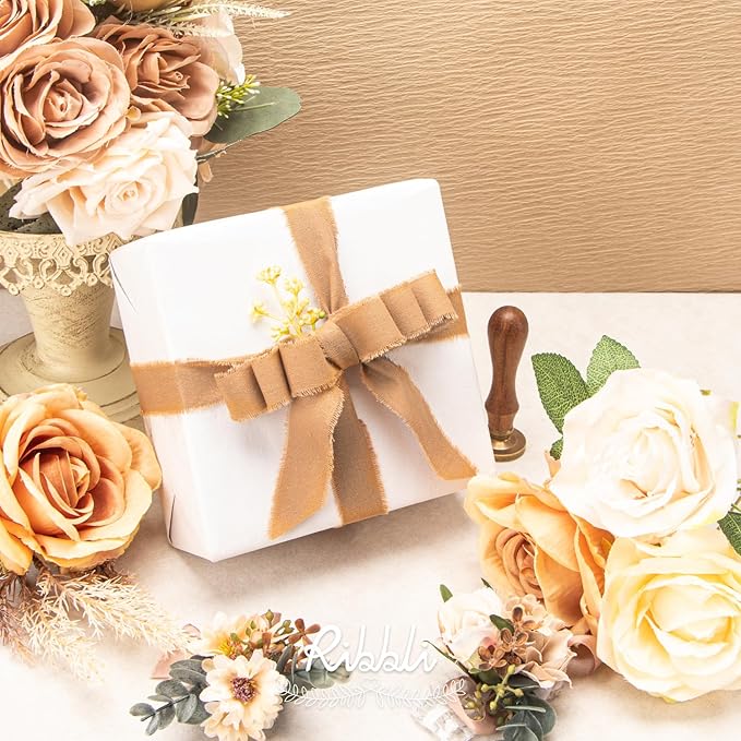 Ribbli 3 Rolls Beige Ribbon 1 Inch x 18 Yards Ivory Nude Khaki Handmade Cotton Frayed Fringe Ribbons for Gift Wrapping Wedding Invites Bridal Bouquets Baby Shower DIY Crafts Home Decor