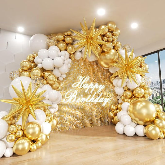 White and Gold Balloon Arch Kit, 146Pcs Explosion Star White Metallic Gold Latex Balloon Garland kit, 22 18 12 10 5 Inch Different Size Balloons for Anniversary Birthday Engagements Party Decorations