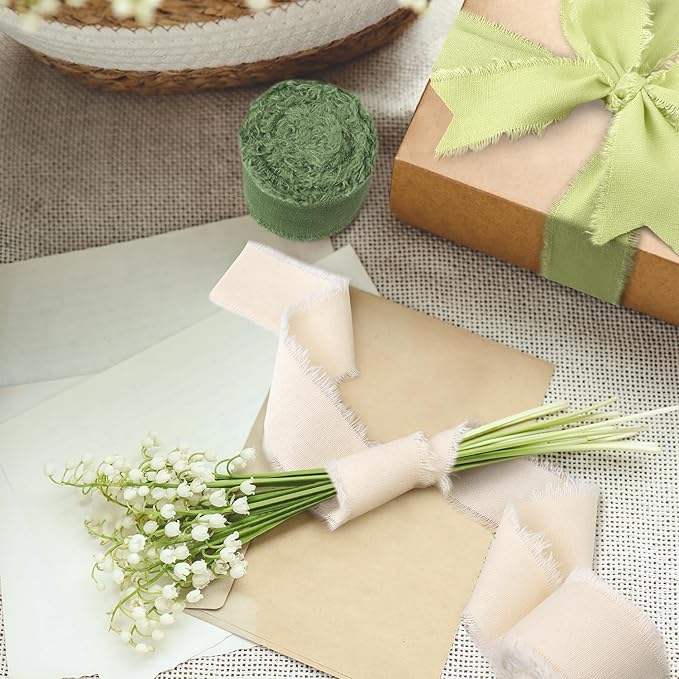 Green & Ivory Cotton Linen Ribbon 1-1/2 Inch x 21Yds Boho Vintage Rustic Ribbon Handmade Fringe Frayed Cloth Fabric Ribbon for Gift Wrapping Wedding Invitations Bridal Bouquets DIY Crafts