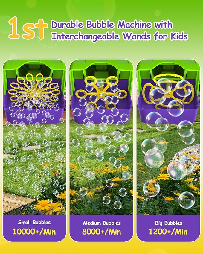 Bubble Machine, 3 in 1 Bubble Maker for Kids - 3 Replaceable Bubble Wands & 2 Speeds, 10000+ Colorful Bubbles/Min, Battery Operated or Plug-in, Bubble Toys for Indoor Outdoor Parties & Birthday Gifts