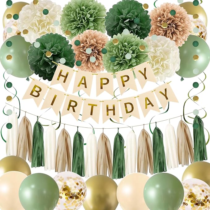 Sage Green Birthday Party Decorations for Women Girls with Happy Birthday Banner,Circle Garland,Tissue Paper Pompoms,Hanging Swirl, Paper Tassel,Decorations Balloons for Party Decor