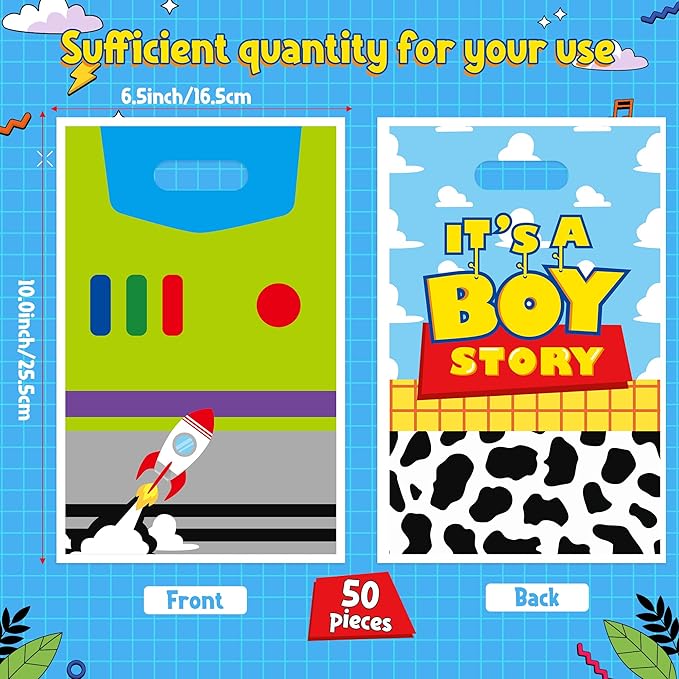 Andi Cppss Cartoon Story Party Favor Bags - 50PCS Boy Story Party Gift Bags for Boys Plastic Goodies Bag with Handle for Birthday Parties Supplies Boys Baby Show Birthday Parties Favor Treat Candy Bag
