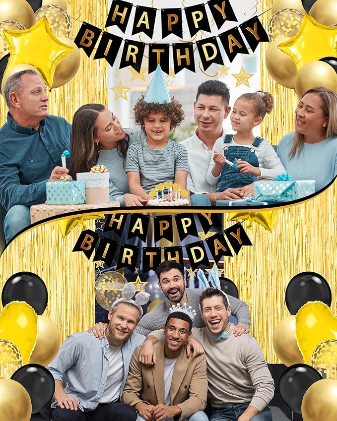 Lutoys Black Gold Happy Birthday Party Decorations, Happy Birthday Banner, Black Gold Foil Heart Star Confetti Balloons Curtain Backdrop Hanging Swirls Party Decor for Boys Men