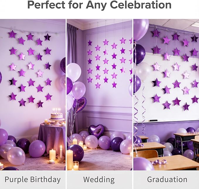 Metallic Purple Iridescent-Star-Garland 90FT – 240 Pcs Sparkling Star Streamers – Hanging Glitter Star Banner Backdrop for Birthday, Baby Shower, Wedding, Christmas Party Decorations (6 Packs)