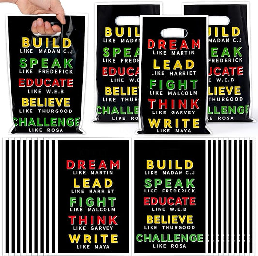 Andi Cppss Black History Party Favor Bags - 50PCS Black History Month Gift Bags with Handle Plastic Goodie Bags for Freedom Day African American Party Decor Treat Bag for Red Yellow Green Party Favors
