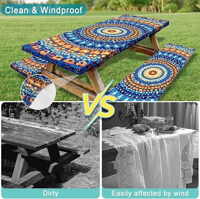 Picnic Table Cover with Bench Covers and Bag, Camping Essentials, Waterproof Windproof Camping Tablecloth, Fitted Tablecloth Cover with Elastic Edge for Indoor Outdoor 3 PCS 30x96 Inch