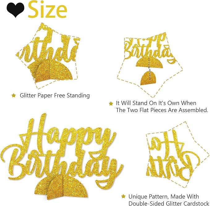 Happy Birthday Table Centerpiece, Gold Glitter Birthday Party Paper Free Standing for Men Women, Anniversary Script Table Centerpiece Party Supplies