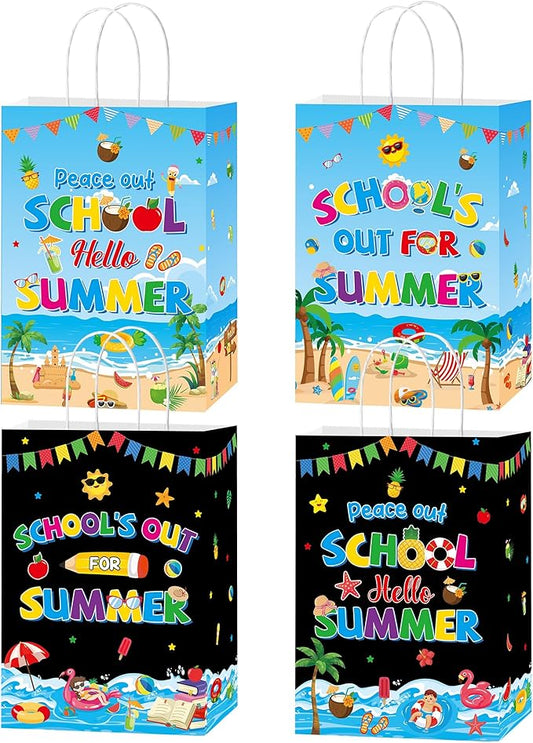 MOIZYNG 16PCS End of School Year Gift Bags, Peace out School Hello Summer Paper Snack Treat Candy Goodie Bags with Handles for Last Day of School Summer Vacation Party Favors