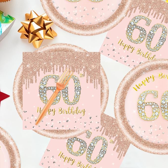 60 PCS 60th Birthday Decorations for Women, 60th Birthday Plates and Napkins Rose Gold Disposable Tableware Set Party Supplies for Women Cheers to 60 Years Anniversary (60TH)