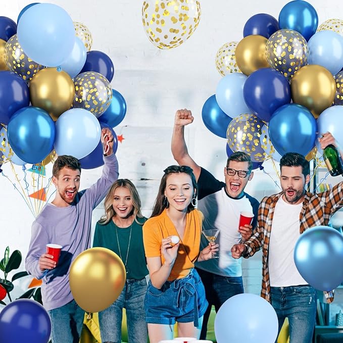 Paready Blue and Gold Latex Balloons, 60 Pcs 12 Inch Navy Blue Metallic Gold Confetti Balloons, Blue Party Balloons for Baby Shower Wedding Anniversary Birthday Theme Party Graduation Decoration