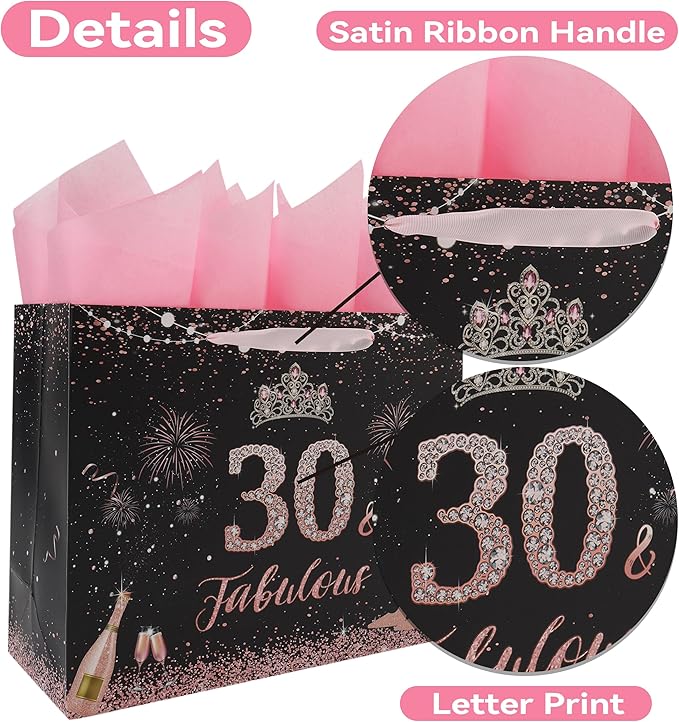 wishinside 13'' Large 30th Birthday Gift Bag Set with Handles, Greeting Card, Pink Tissue Papers and Stickers for 30 Year Old, Her, Women, Sister, Daughter, Best Friend, Tiara Design, 1 Pcs