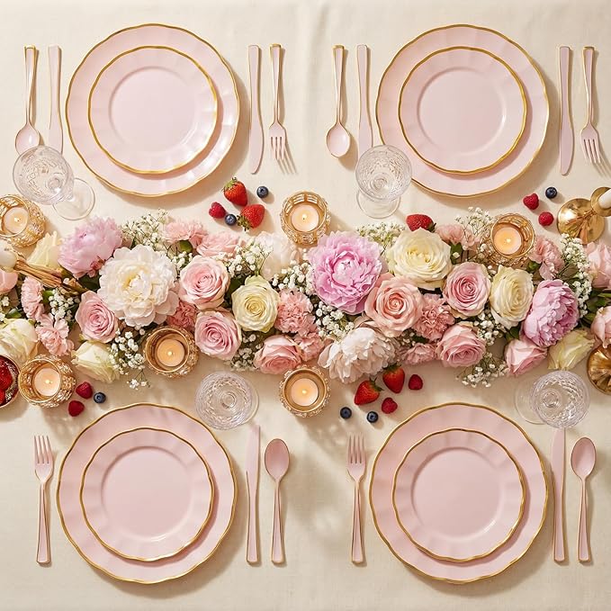 Supernal 120 PCS Pink Plastic Silverware Heavy Duty - Disposable Pink Utensils with Gold Silverware Set Include 40 Forks, 40 Knives and 40 Spoons for Valentines Day/Birthday Party/Wedding