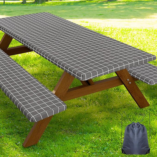 Smiry Picnic Table Cover with Bench Covers, Waterproof Elastic Fitted Tablecloth for 6 Foot Tables, Washable Polyester Tablecloths for Camping, Indoor & Outdoor (Grey & White, 30x72 Inch 3-pc Set)