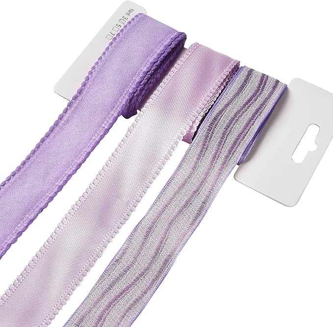 BEEFLYING 3 Styles Lavender Wire Edged Ribbons for Gift Wrapping, 25~28mm×2.7m Satin Ribbons for Wedding Party Decoration Hair Bows Flower Bounquet Sewing and Craft, 9 Yards
