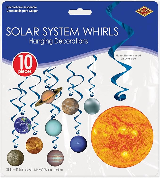 Beistle 10 Piece Solar System Whirls Outer Space Hanging Swirls Educational Classroom Planets Decorations, One Size fits Most, Multicolored