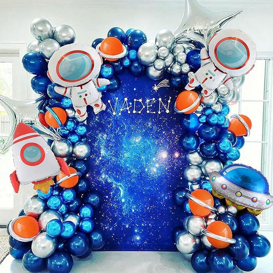 Outer Space Balloon Arch Garland Kit,119 PCS Navy Blue Metallic Silver Blue Balloon UFO Rocket Astronaut Balloons for Boys Kids Space Birthday Party Decorations