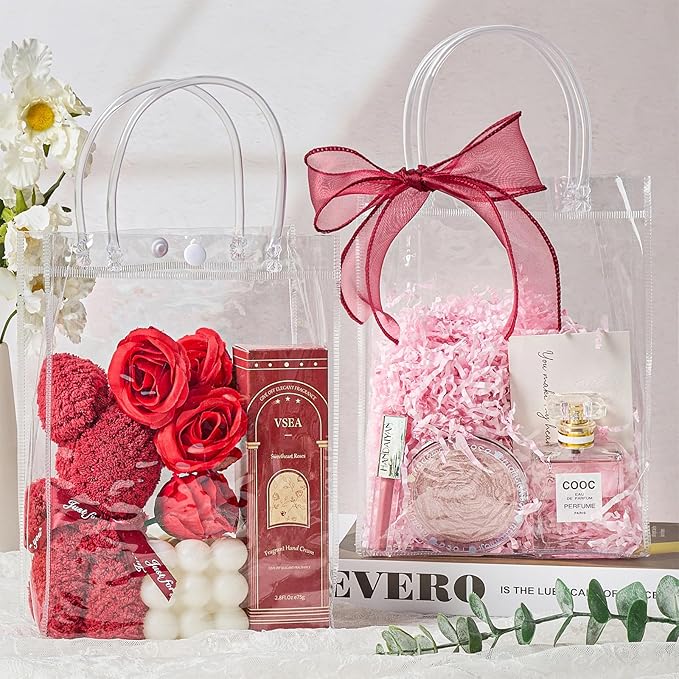 Jutieuo 24 PCS Clear Gift Bags with Handles, 6.7 x 9.1 x 2.8 Inches Reusable Plastic Goodie Bag Transparent Party Favor Bags Bulk for Weddings Birthdays Events, Classrooms & Celebrations