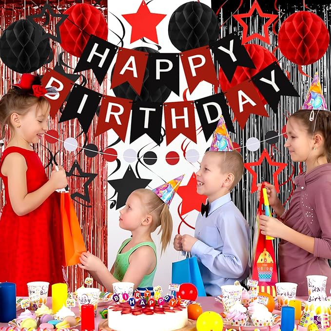 ZERODECO Birthday Decorations, Happy Birthday Banner with Paper Honeycomb, Star Hanging Swirl, Fringe Curtain, Garland, Party Decorations for Women Men Boys Girls (Black Red)