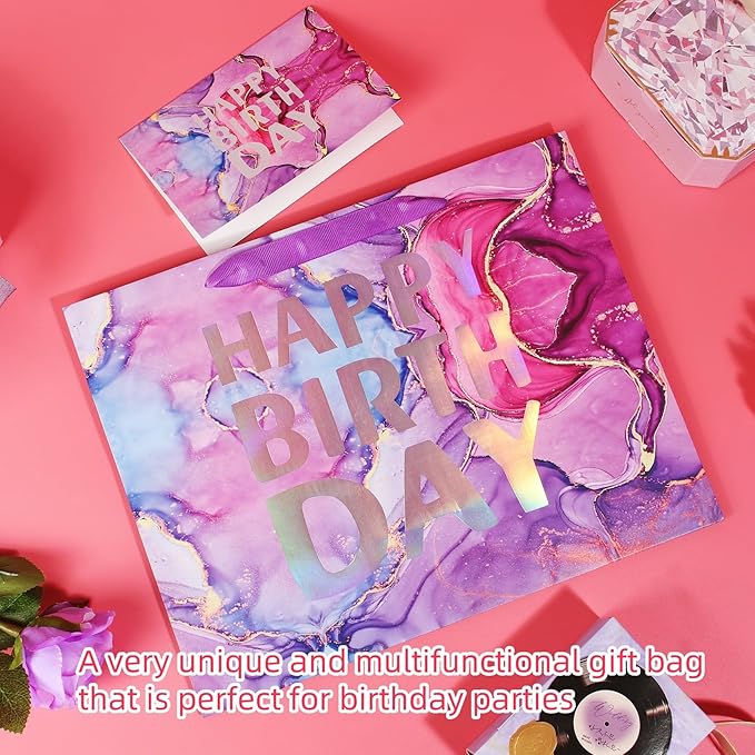 PARNOG 13" Large Happy Birthday Gift Bag with Tissue Paper and Card for Girls Kids Women Birthday（2PCS）