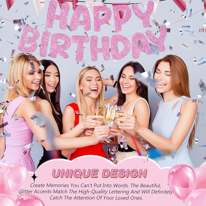 Fulmoon Glitter Pre Strung Happy Birthday Banner No DIY Party Decorations Happy Birthday Sign Decor for Men Women Boy Girls Backdrop(Pink)