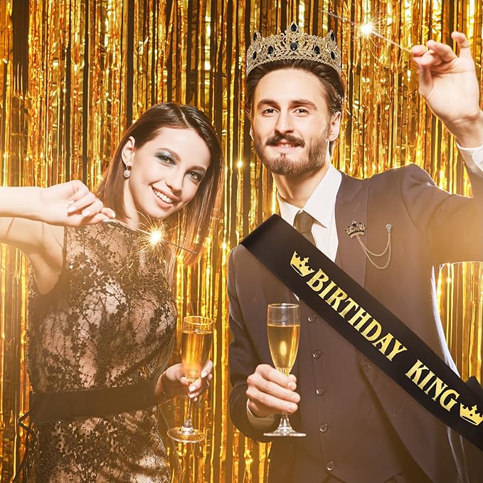 Junkin 5 Pieces Birthday Man Accessories Include King Crown King Sash Tinplate Badge Pin Brooch Hanging Chain Crown for Man Birthday Party(Adjustable Style,Small)