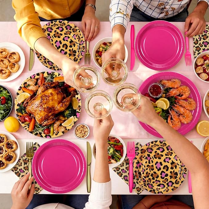 Uiifan 144 Pcs Pink Cheetah Print Party Decorations Supplie Set - Disposable Leopard Tableware Set for 24 Guests with Plate Plastic Spoons Forks Knives Napkins, Jungle Animal Birthday Cheetah Theme