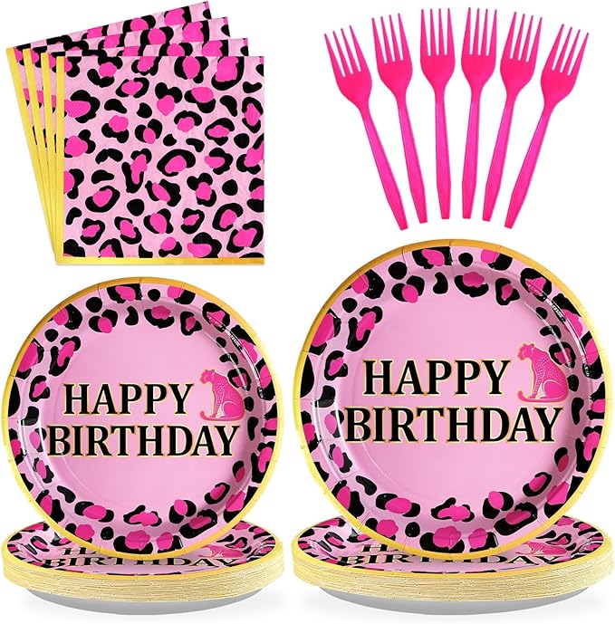 Grencian 96 Pcs Pink Leopard Birthday Party Supplies Cheetah Print Decorations Leopard Print Paper Plates Disposable Animal Jungle Safari Tableware Set for Girls Wild Birthday Cheetah Themed Party