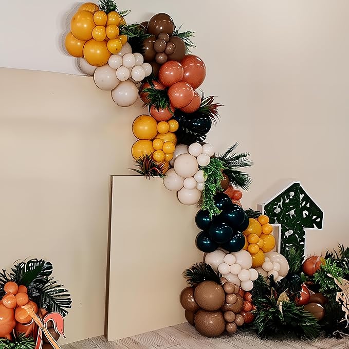HILAVO Green and Brown Balloon Arch Kit Double Stuffed Teal Green Mustard Yellow Orange Brown Coffee Beige Retro Balloon for Wild Safari Jungle Hunting Birthday Baby Shower Party Decorations