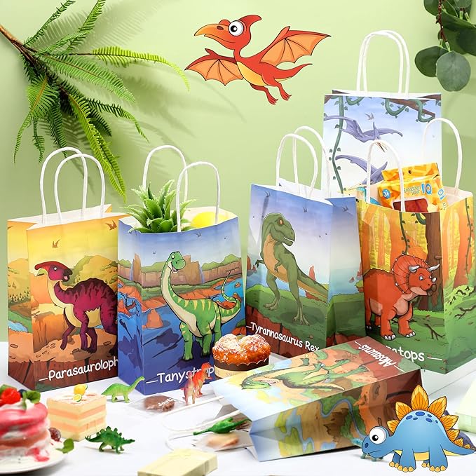 Pajean 24 Pcs Dinosaur Candy Bags with Handle, Dinosaur Party Favor Paper Bags Kids Gifts Goodie Treat Wrapping for Boys Girls Dino Theme Birthday Baby Shower Party Supplies(Cute Style)