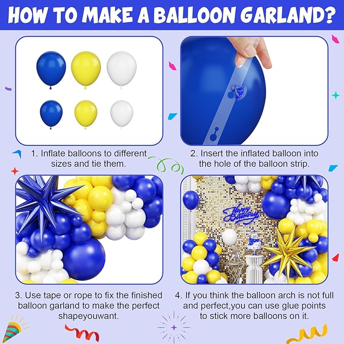 Blue Yellow Balloon Arch Kit, Royal Blue and Yellow White Balloons Garland Kit with 4D Foil Star Balloons, for Graduation 2026 Baby Shower Anniversary Birthday Wedding Party Decoration