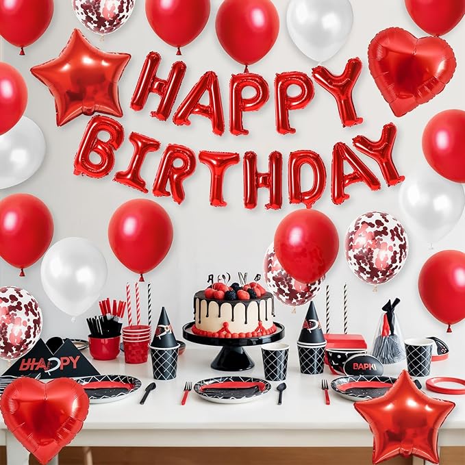 Red Birthday Decorations for Girls,Red and White Balloons Happy Birthdays Banner Balloon Heart and Star Foil Balloons for Women Girls Birthday Baby Shower Party Decorations