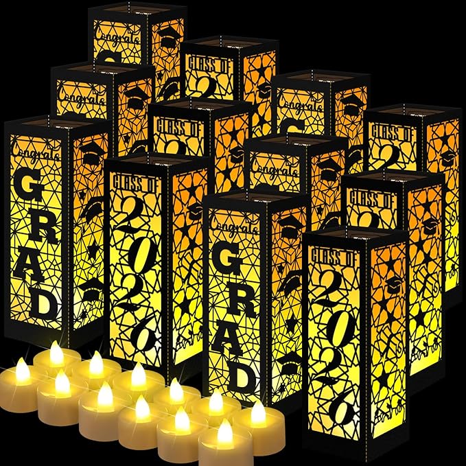 Rossesay 12 Pcs Graduation Table Centerpieces Boxes Class of 2026 Graduation Lanterns for Centerpieces with LED Candles Congrats Grad School College Photo Props for Party Table Decoration (Black)