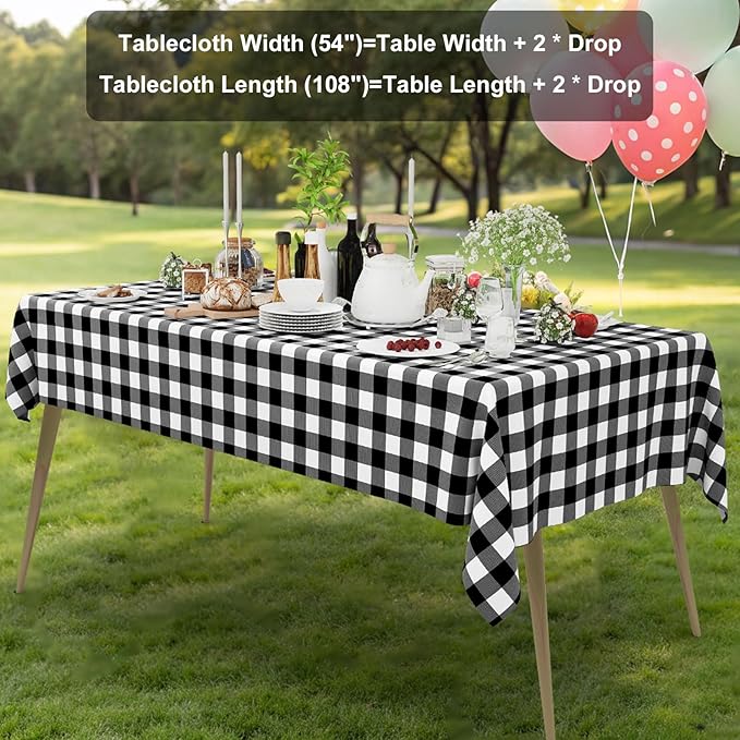 Smiry 6 Pack Black Gingham Disposable Tablecloths - 54" x 108" Heavy Duty Plastic Table Cloth, Waterproof Buffalo Plaid Table Covers for Picnic, Banquets, Outdoor Parties