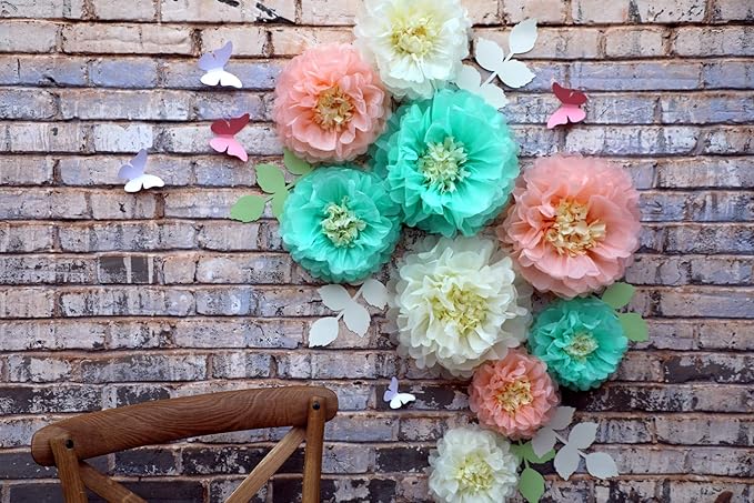 Fonder Mols Tissue Paper Chrysanth Flowers with Butterfly and Olive Leaves for Wedding Baby Shower Nursery Room Parties & Events Decorations Pom Poms (Cream Peach Mint)