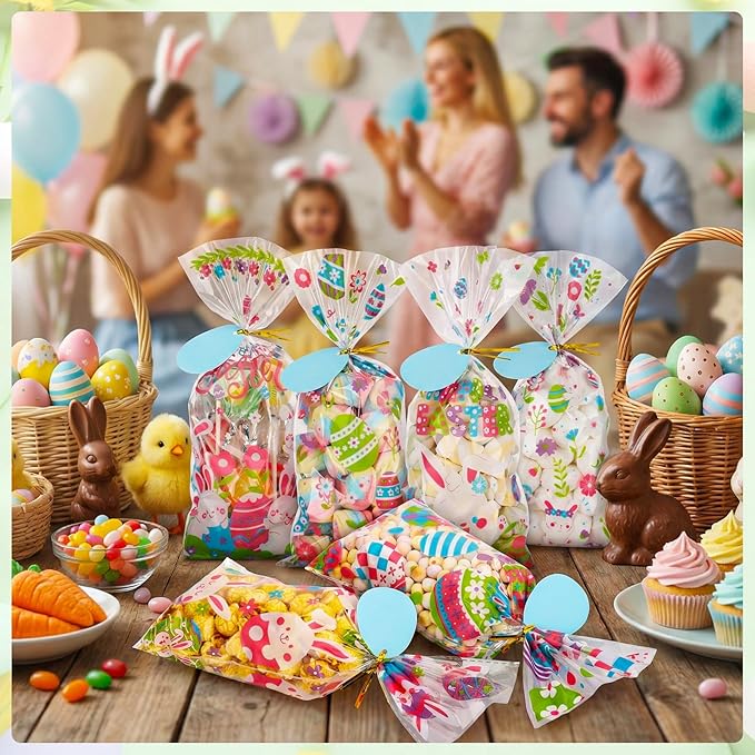 woric 100PCS Easter Cellophane Treat Bags with Gift Tags Easter Bunny Candy Bags Clear Egg Goodie Bag with 100 Twist Ties for Spring Party Favor Supplies