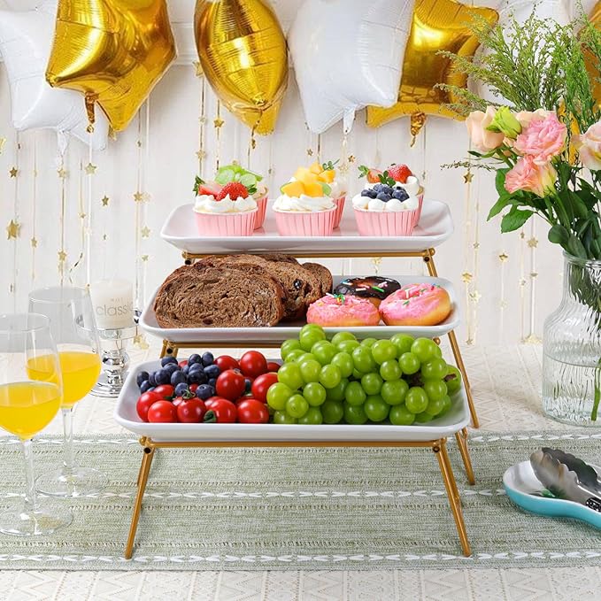 HAPPY KIT 3 Tier Serving Tray Set with Gold Freely Combinable Rack,12 Inch Tiered Tray Stand,Widened Porcelain Platters,Decor Cupcake Stand for Christmas Party Display,Dessert Trays Collapsible
