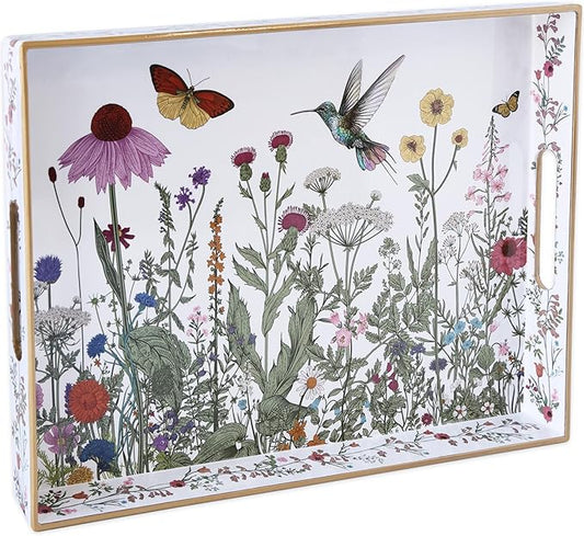 Serving Tray with Handles, Rectangular Plastic Tray 15.75x11.81 Inch, Wildflower, Butterflies & Hummingbirds Style Decorative Tray for Kitchen, Dining Table, Vanity, Office & Home