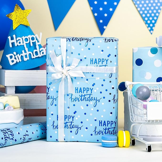 MAYPLUSS Birthday Wrapping Paper Roll - 17 Inch X 16.5 Feet - Blue Glitter Happy Birthday Lettering Metallic Foil Paper Girl Gift Wrap w/Polka Dot for Party