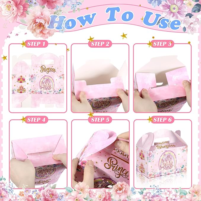 Dunzoom 24 Pcs Princess Party Favors Boxes Little Princess Goodie Treat Candy Boxes with Handles Pink Gift Container for Birthday Party Baby Shower Supplies