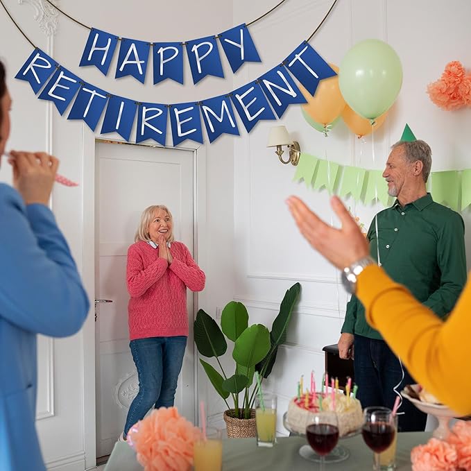 Retirement Party Decoration - Happy Retirement Blue & Silver Banner For Coworks Women Men - Wall Hanging Decor for Outdoor Mantle Fireplace - Farewell Party Supplies & Decor Banner for Home Office-A04