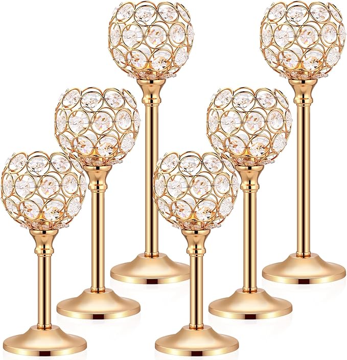 Mimorou 6 Pack Crystal Candle Holders Gold or Silver Candle Holders Bulk Tealight Candlestick Crystal Candelabras for Wedding Party Valentine Christmas Dining Table Centerpieces Decoration (Gold)