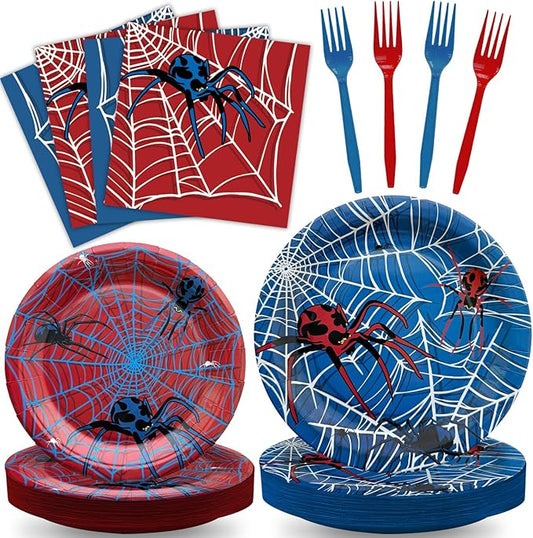 96 Pcs Spider Party Supplies Disposable Tableware Set Serve 24 Guests Include Spider Web Paper Plates and Napkins Plastic Forks for Birthday Party Baby Shower Halloween Decorations(Classic)