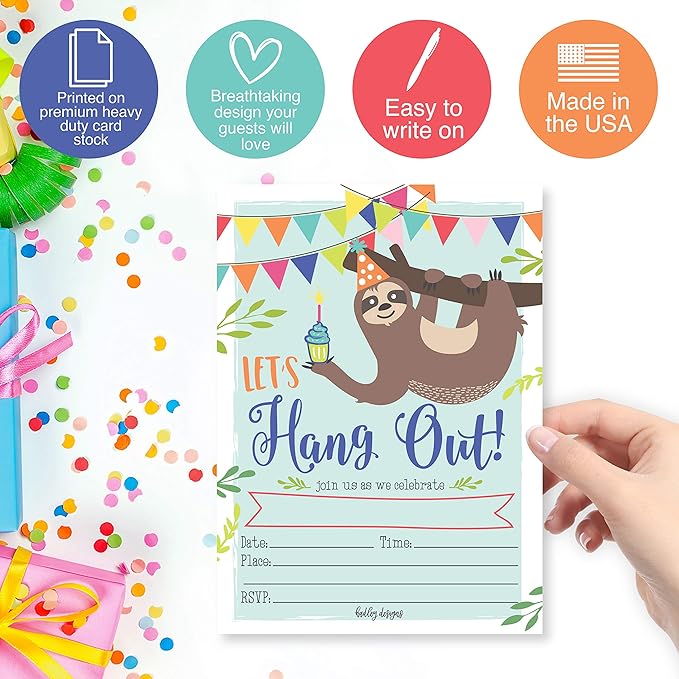 Hadley Designs Kids Birthday Invitations For Boys and Girls Sloth Theme - 25 Sloth Birthday Party Invitations For Boys, Let's Hang Out Invites For Girls, Cute Animal Party Supplies, Made In USA
