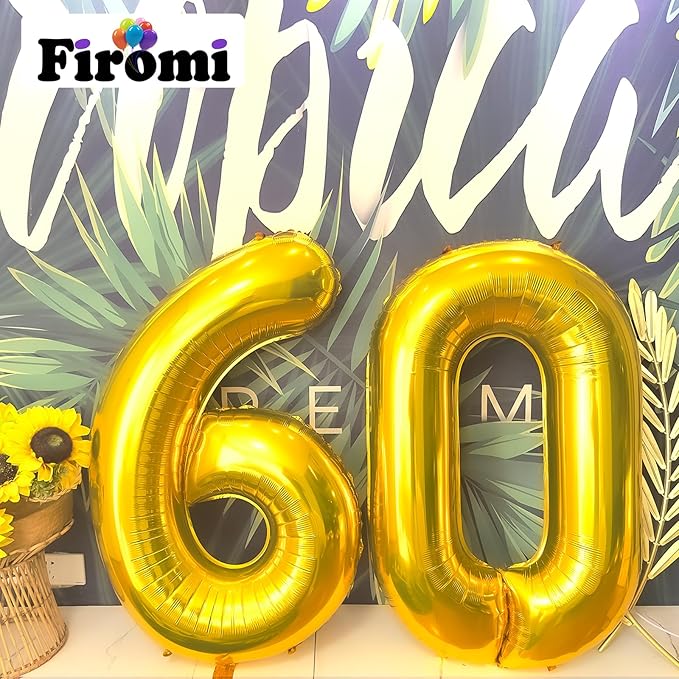 FIROMI 60 Number Balloons Gold Big Giant Jumbo Huge Foil Mylar 60 Balloon Numbers for 60th Birthday Party Anniversary Decorations 40-inches